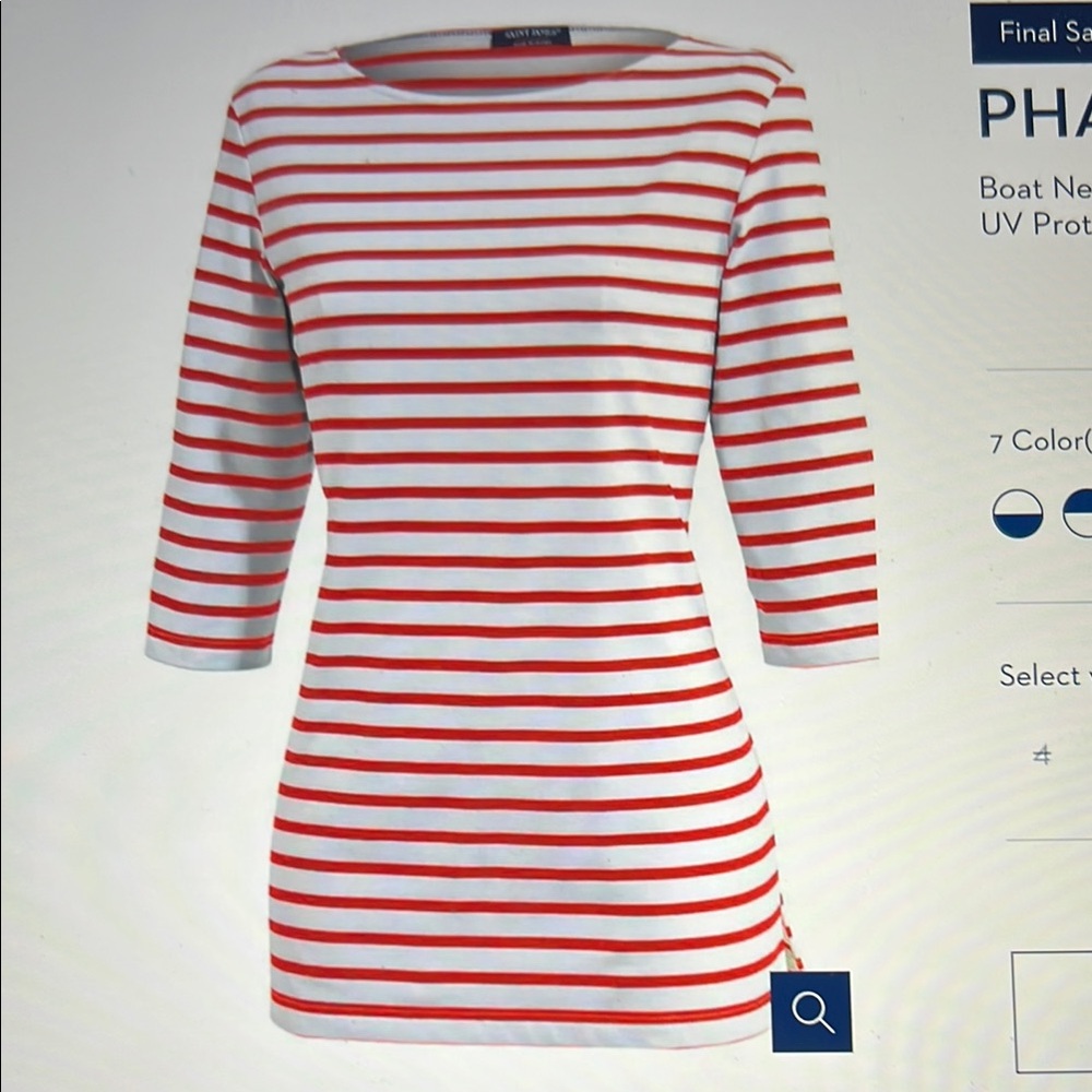 Saint James, NWOT. UV Prot. Red and White Striped Boat Neck Top